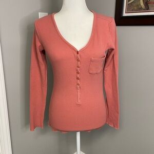 Sundance Pink Henley Long Sleeve Waffle Knit Top Shirt Size XS Pocket Vneck